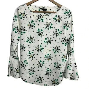Ann Taylor White Bell Sleeves Green & Black Leaf Design Women’s Size XSmall